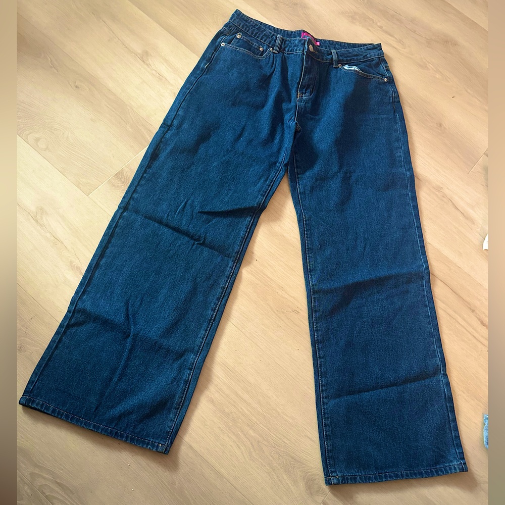 EDIKTED NWT Blue Denim Cotton Wide Leg Women’s Pants Size Large